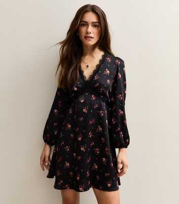 Petite Black Ditsy Print Satin Lace Trim Mini Dress