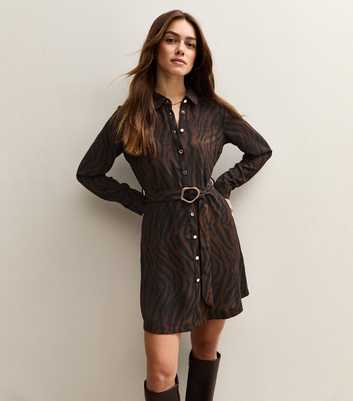 Petite Brown Tiger Print Buckle Detail Mini Shirt Dress