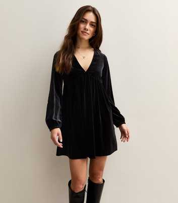 Petite Black Velvet Smock Mini Dress