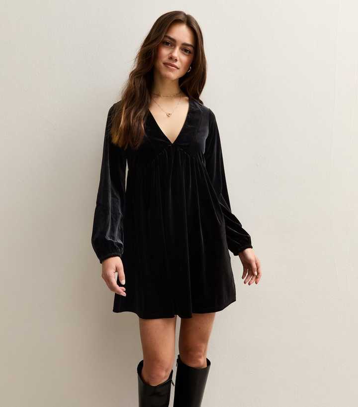 Petite Black Velvet Smock Mini Dress