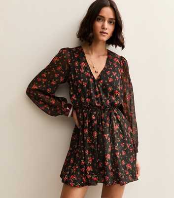 Black Floral Wrap Front Mini Dress