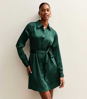 Dark Green Satin Mini Shirt Dress