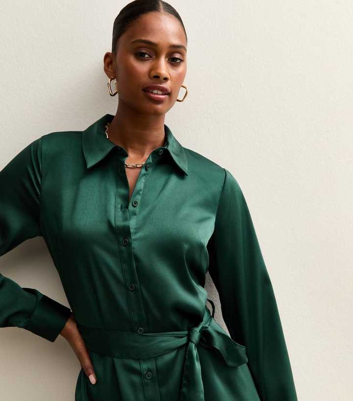 dark green satin shirt dress Dark Green Wrap Satin Dress With Flutter Sleeves