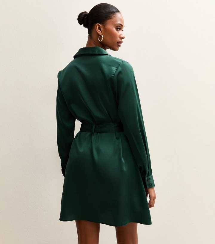 emerald green satin shirt dress Suzannah London | Green Silk Flippy Wiggle Shirt Dress main image 1