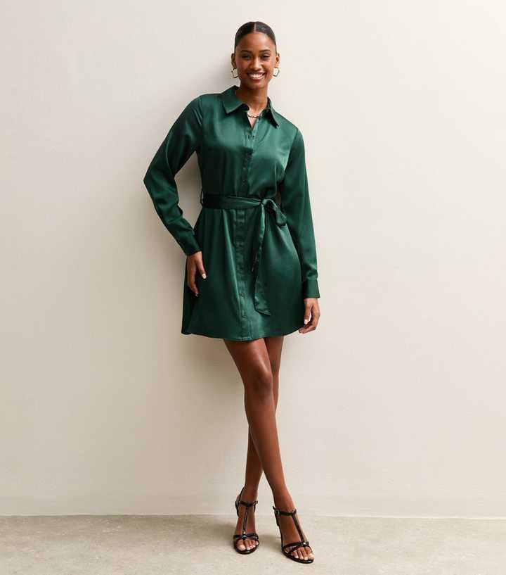 emerald green satin shirt dress Indi Satin Shirt Dress Green  Augustine