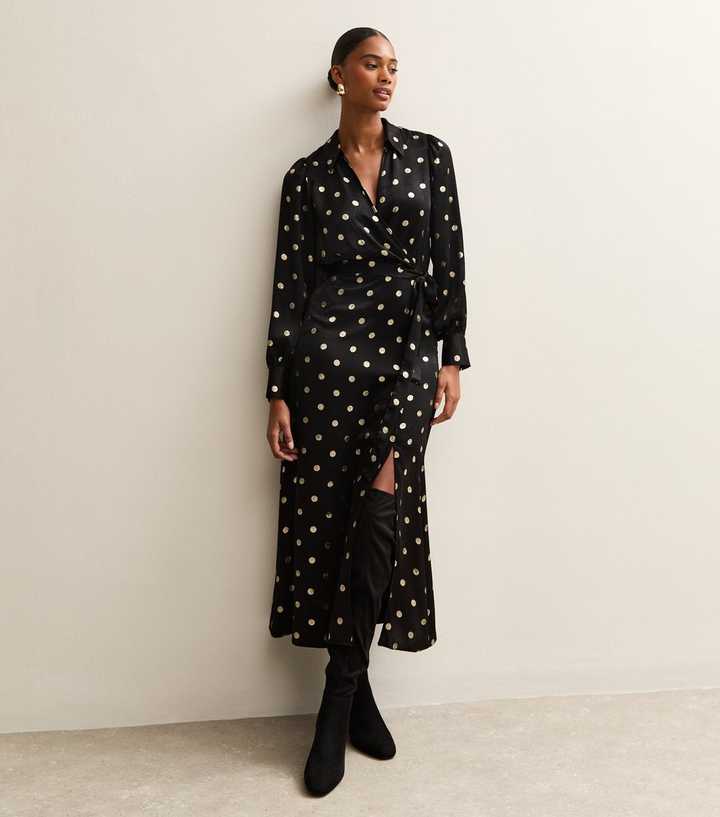 Black Spot Print Satin Wrap Midi Dress | New Look