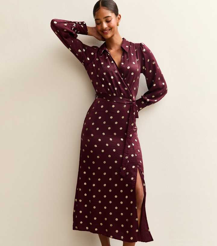 Red Spot Print Satin Wrap Midi Dress