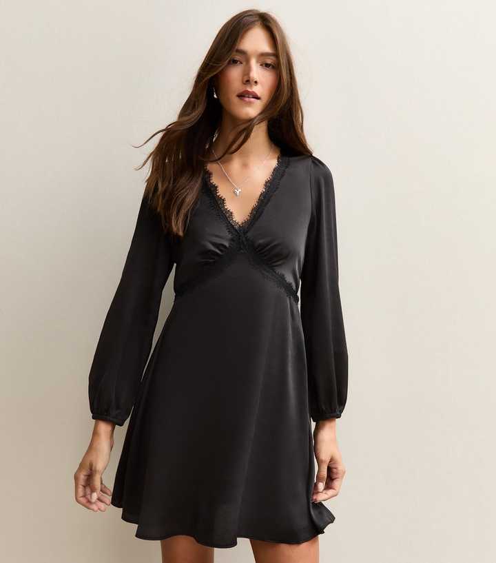 Black Satin Lace Trim Mini Dress | New Look