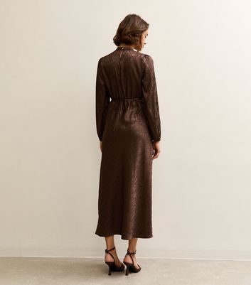 Brown Satin Jacquard Keyhole Neck Midi Dress | New Look
