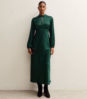 Dark Green Satin Jacquard Keyhole Neck Midi Dress | New Look