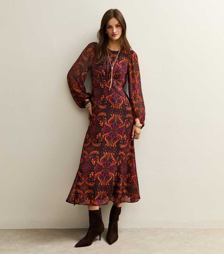 Tall Black Patterned Long Sleeve Midi Dress