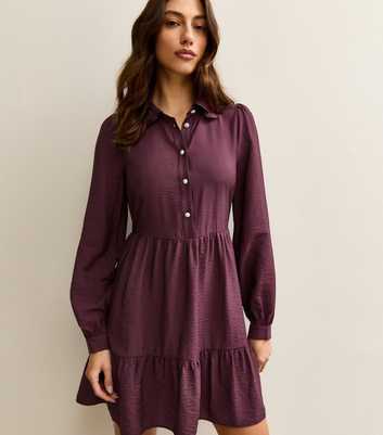 Tall Dark Purple Tiered Long Sleeve Shirt Mini Dress