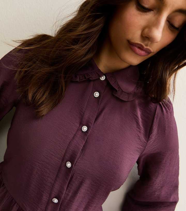 Tall Dark Purple Tiered Long Sleeve Shirt Mini Dress | New Look
