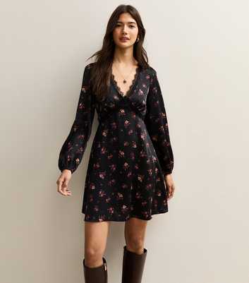 Black Floral Lace Trim Mini Dress