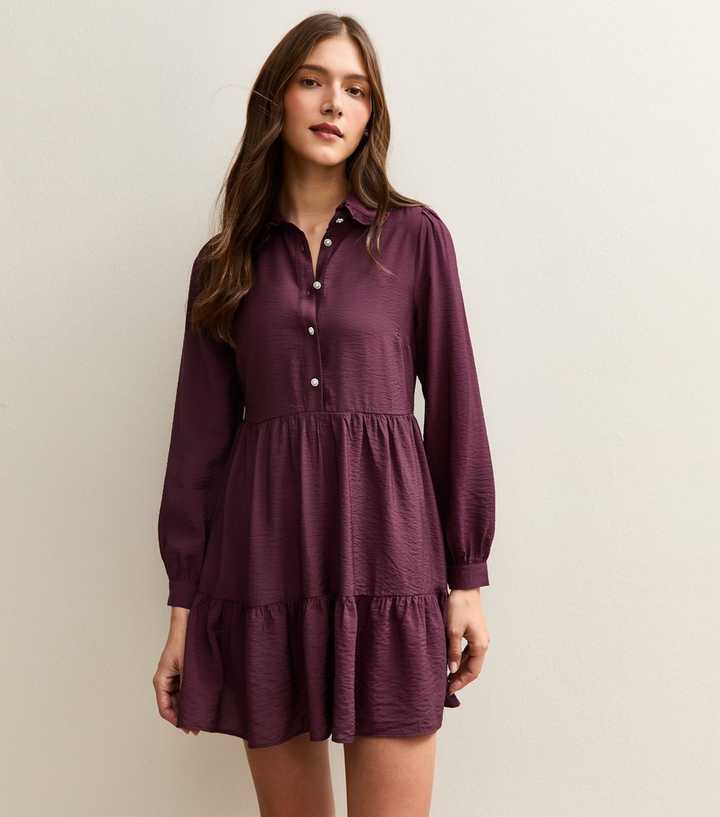 Dark Burgundy Tiered Mini Shirt Dress