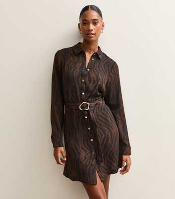 Brown Tiger Print Buckle Detail Mini Shirt Dress