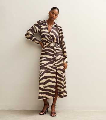 Brown Zebra Print Satin Wrap Midi Dress