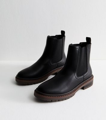 Black Faux Leather Chunky Chelsea Boots