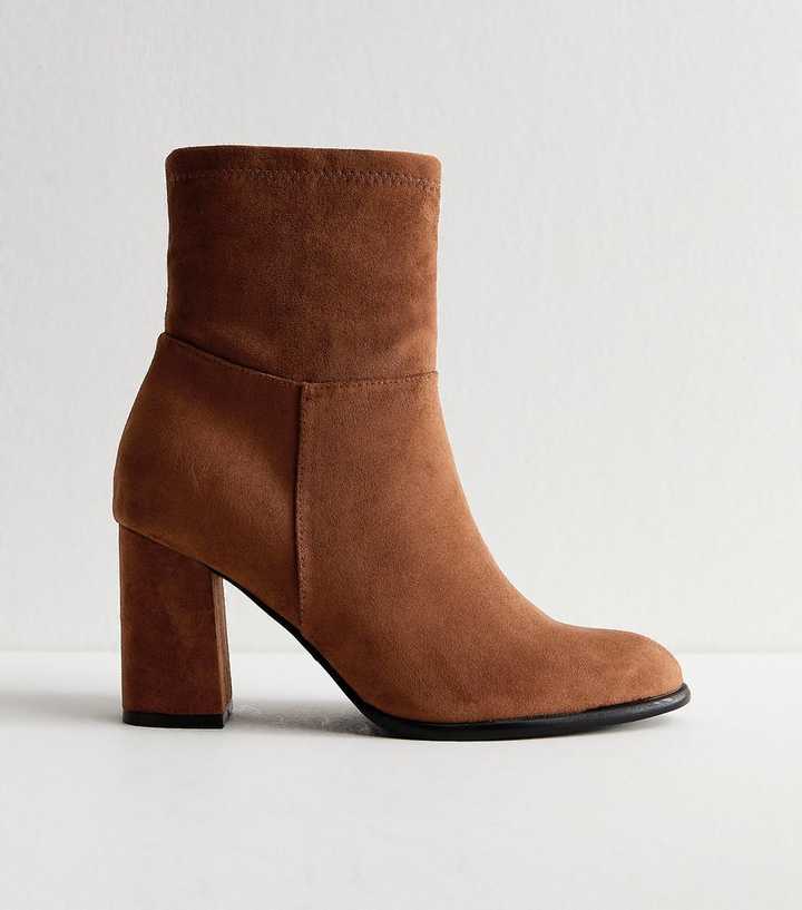 Wide Fit Brown Faux Suede Block Heel Ankle Boots