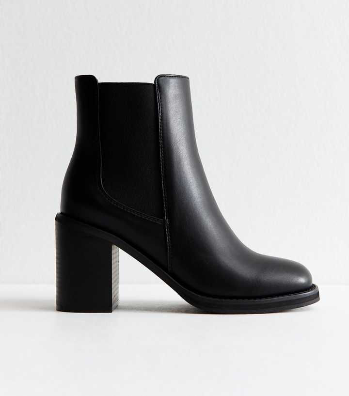 Faux Leather Black Block Heel Chelsea Boots