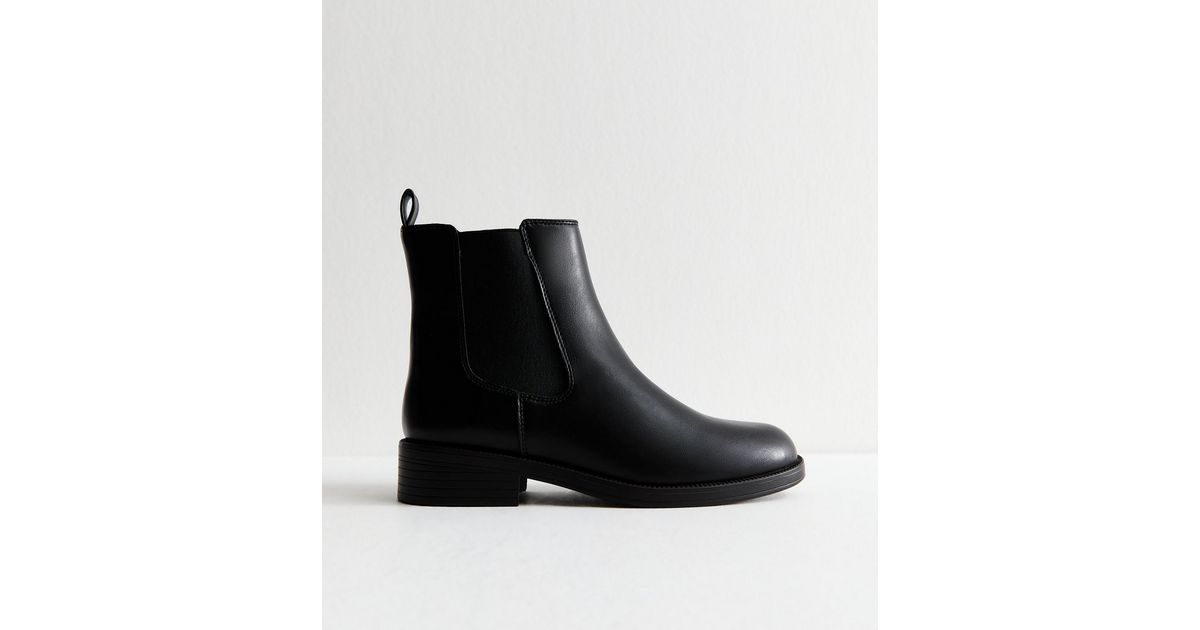 Wide Fit Black Faux Leather Chelsea Flat Ankle Boots New Look