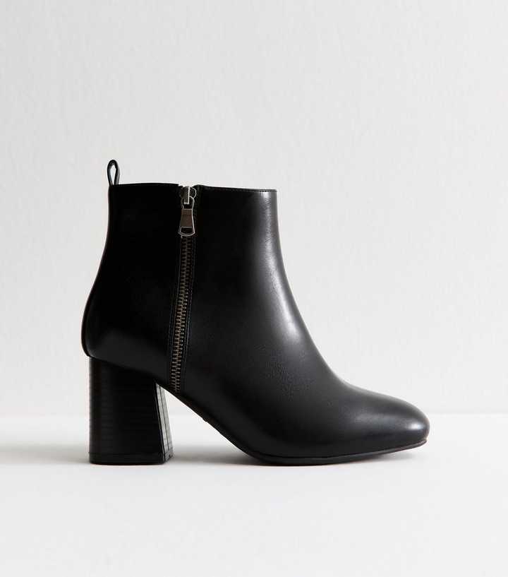 Extra Wide Fit Black Faux Leather Double Zip Heeled Ankle Boots