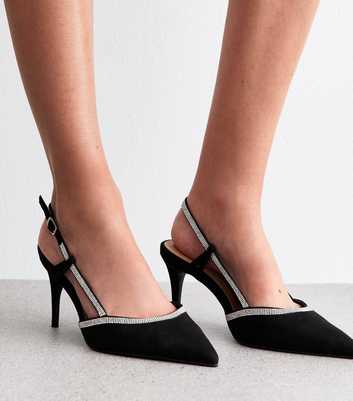 Wide Fit Black Faux Suede Diamante Slingback Pumps