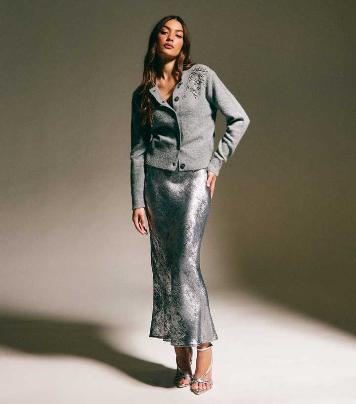 Silver Metallic Bias Cut Midi Skirt