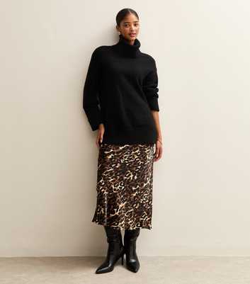 Brown Leopard Print Satin Midi Skirt