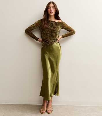 Khaki Satin Midi Skirt