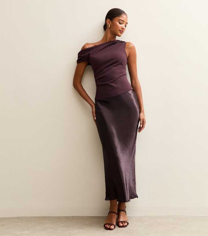 Dark Burgundy Satin Midi Skirt