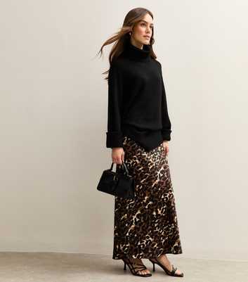 Petite Brown Leopard Print Satin Midi Skirt