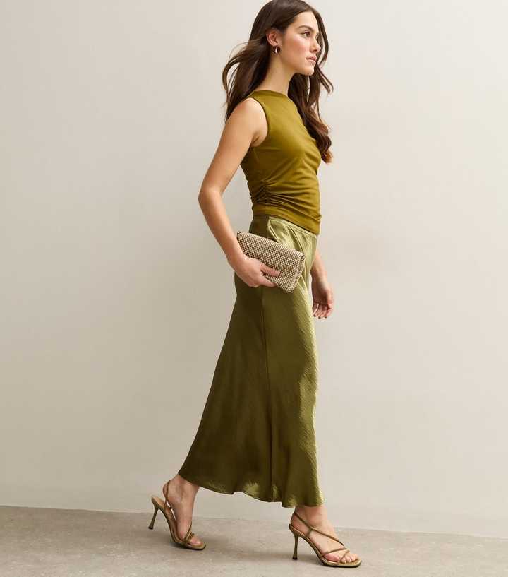 Petite Light Khaki Textured Satin Midi Skirt