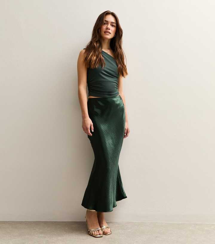 Petite Dark Green Textured Satin Midi Skirt