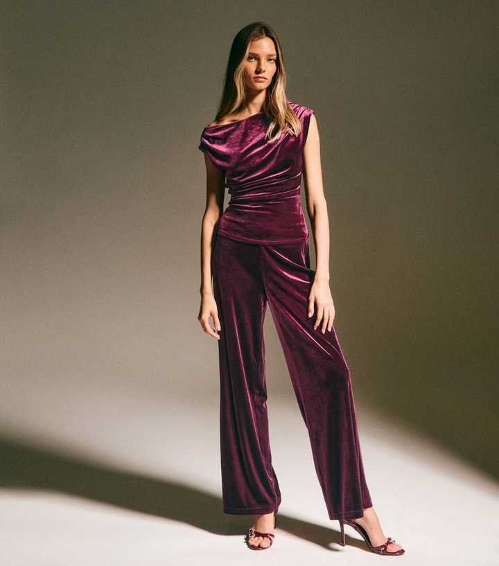 Burgundy Velvet Wide Leg Trousers