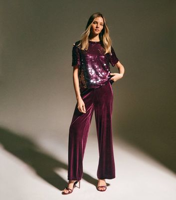 Burgundy Velvet Wide Leg Trousers New Look