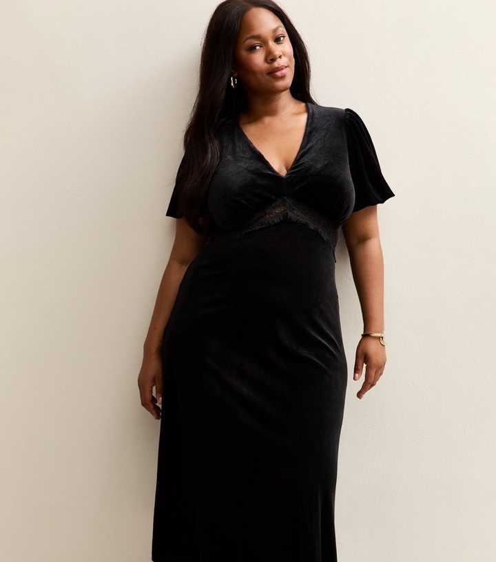 Curves Black Lace Velvet Midi Dress | New Look