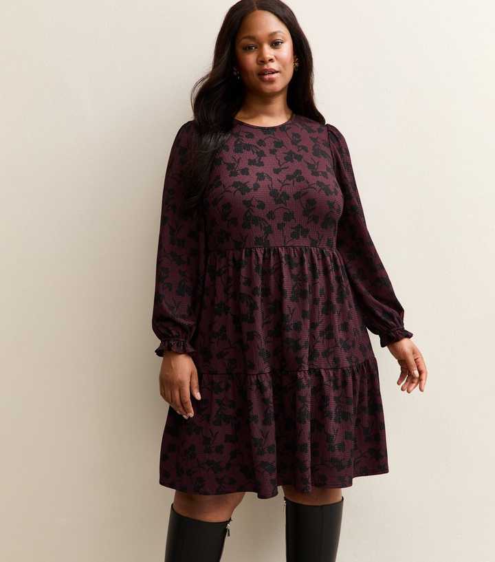 Curves Purple Pattern Tiered Smock Mini Dress | New Look