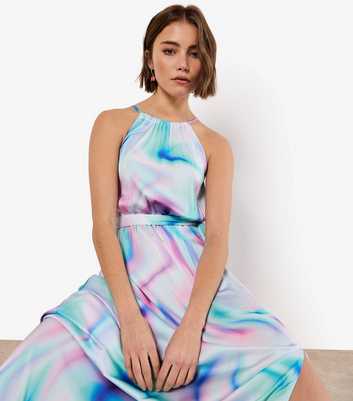 Apricot Mint Green Satin Gradient Print Maxi Dress