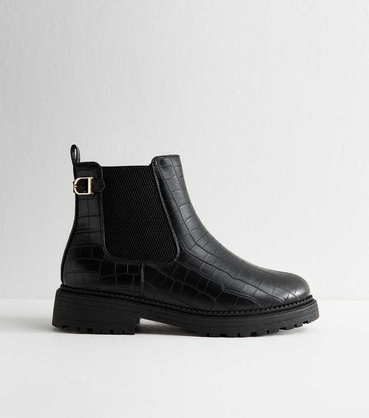 Wide Fit Black Crocodile Effect Leather Ankle Boots