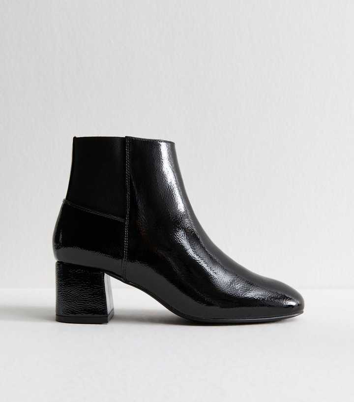 Black Textured Faux Leather Patent Ankle Boots