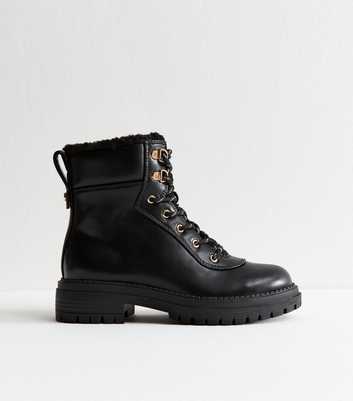 Black Faux Leather Lace Up Chunky Ankle Boots