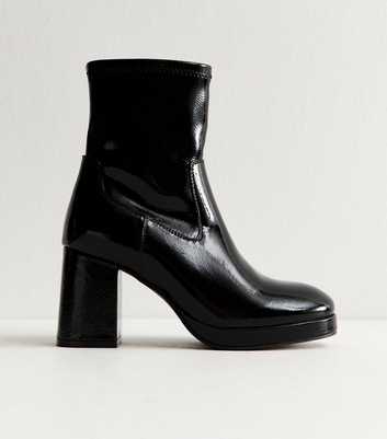 Black Faux Leather Platform Block Heel Ankle Boots