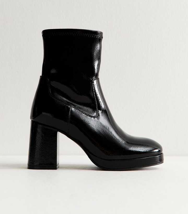 Black Faux Leather Platform Block Heel Ankle Boots