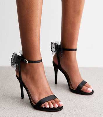 Black Satin Embellished Mesh Bow Sandals