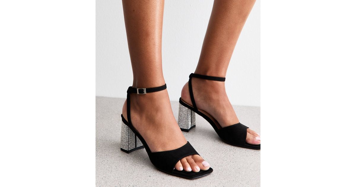 Black Faux Suede Gem Embellished Block Heel Sandals New Look