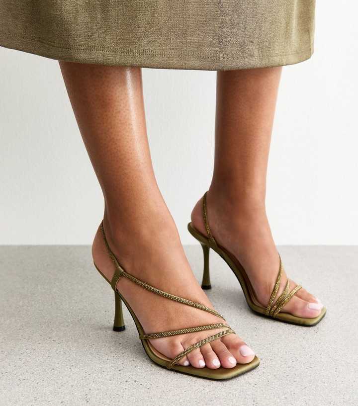 Olive Green Asymmetric Strap Stiletto Heel Sandals