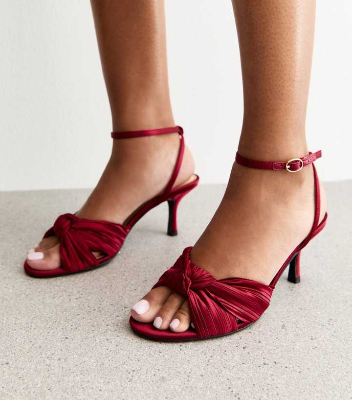 Red Satin Twisted Ankle Strap Stiletto Heel Sandals
