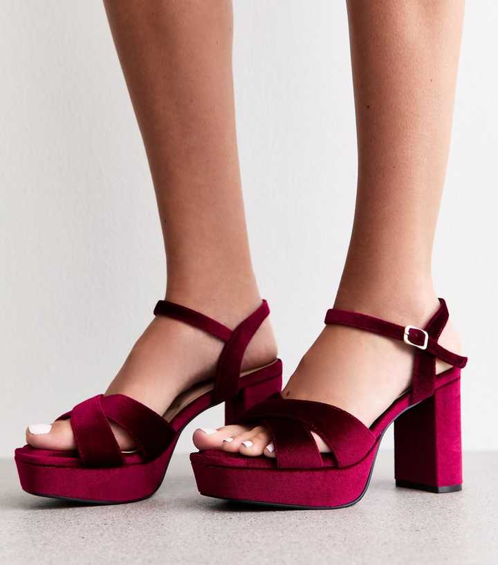 Wide Fit Burgundy Velvet Platform Sandals