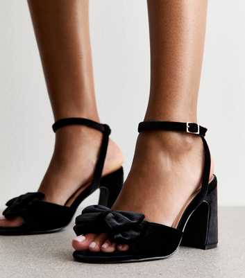 Wide Fit Black Velvet Bow Block Heel Sandals